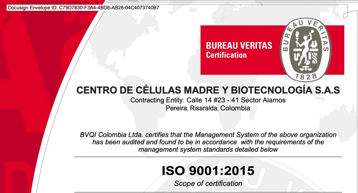 Bureau Veritas ISO 9001:2015 Certification — Centro de Celulas Madre y Biotecnologia S.A.S